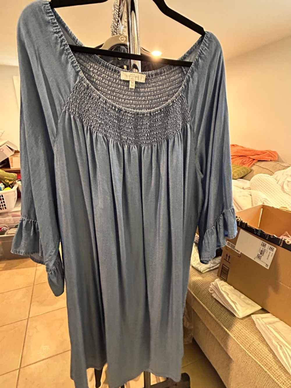 Smocked Yoke Blue chambray Women's Peasant Top